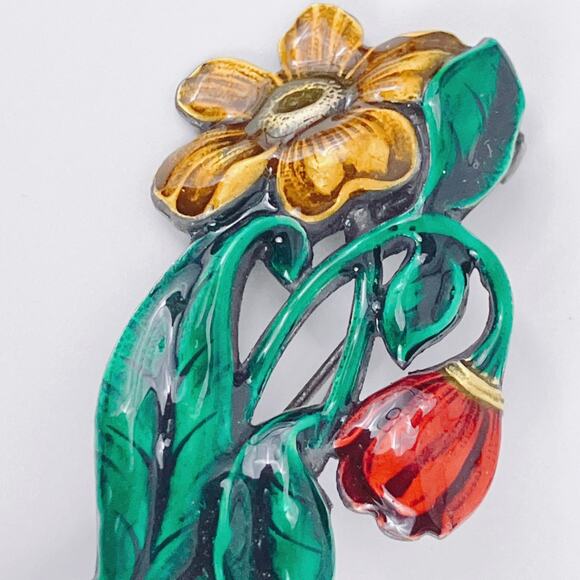VTG 1930s 1940s Silver Enamel Floral Flower Brooch Mid Century Jewelry EUC - Picture 3 of 9